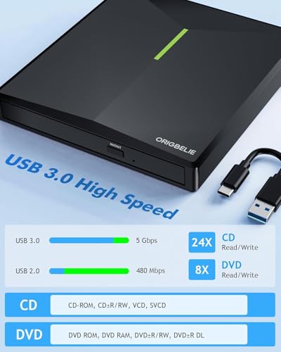 Image of External CD /DVD Drive for Laptop, USB 3.0 DVD Player with 4 USB Ports & 2 TF /SD Card Slots, Portable CD /DVD + /-RW Drive Burner Reader Writer for Desktop PC Windows 11 /10 /8 /7 Linux Mac OS