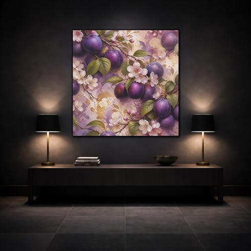 Tableau prune fleurs aquarelle 60x60 cm pour salon élégant