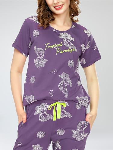 Image of ZEYO Night Suit for Women's Floral & Cheetah Printed Cotton Night Dress of Top and Pajama Set 5779
