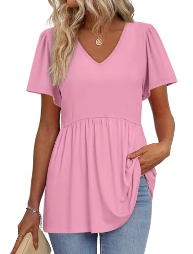 Image of OFEEFAN Womens Summer Tops Babydoll Short Sleeve Shirts Puff Sleeve Peplum Tops V Neck T Shirts