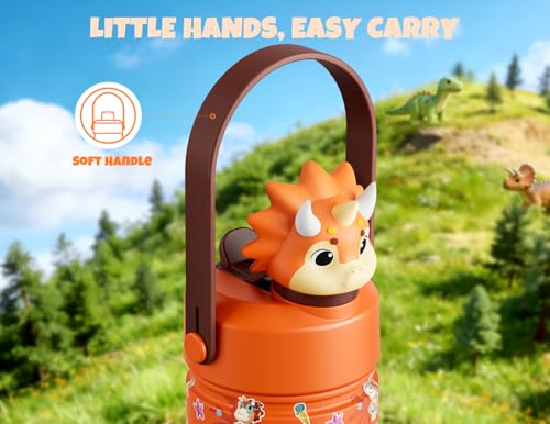 POWCAN 12 oz Kids Water Bottle Insulated: 2-in-1 Straw Spout Lid with Soft Animal Head, BPA-Free, Leakproof, Keep Cold 24H, Backpack Friendly, Stainless Steel Cup for School, Trip, Gift (Sunny Trike) - image 6