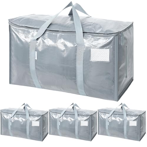 Image of TICONN 4 Pack Extra Large Moving Bags Heavy Duty with Zippers & Carrying Handles, Durable Storage Bags Moving Boxes for Closet Organizers and Storage (4 Pack, Light Grey)