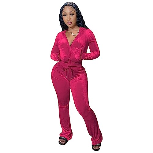yidengymx Womens 2 Piece Velour Tracksuit Two Piece Outfits for Women Long Sleeve Zip Up Crop Tops Sweatpants Sets Pockets X-Small Hoodie/Wide Leg Pants-rose Pink