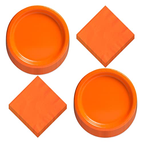 Solid Orange Paper Dinner Plates and Lunch Napkins - Pumpkin Orange Party Supplies For Birthdays, Fall Parties, Halloween, and More (Serves 16)