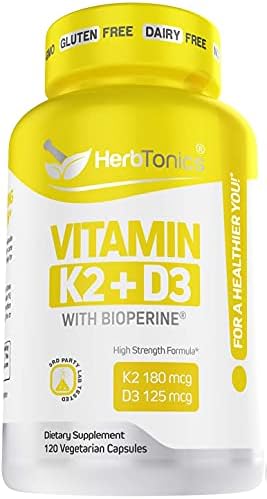 Immune System Support Vitamin K2 (MK7) with D3 5000 Iu Supplement with Bioperine (Black Pepper) 120 Vegetarian Capsules, Strong Bones and Heart Health -k2 d3 Complex- Tiny Easy to Swallow