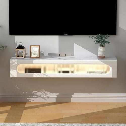 Meuble TV mural flottant LED avec portes battantes en bois pour salon moderne