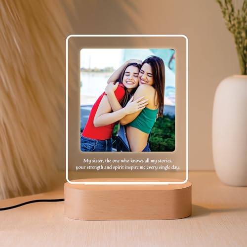 Image of Giftplease Personalised Photo Acrylic Frame with Wooden LED Base - Custom Picture Desk Display for Sister, Unique Raksha Bandhan Gift for Sister from Brother, Birthday, Anniversary & Keepsake Decor