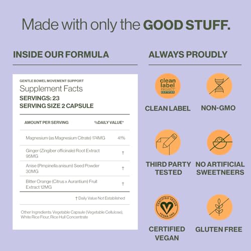 Hilma Gentle Bowel, Occasional Constipation Relief with Magnesium Citrate, Natural and Gentle Laxatives for Constipation w/Magnesium Citrate, Ginger, Anise and Bitter Orange, 46 Vegan Capsules - Image 5