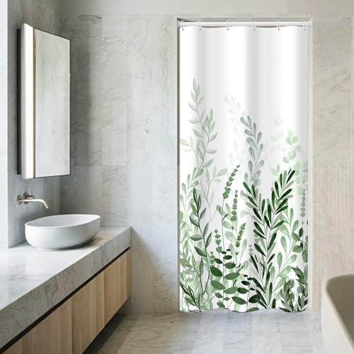 BESBESME Boho Mid Century Shower Curtain Set, Waterproof Fabric for Bathroom Decor Bathtub Modern Machine Washable Weighted Hem Shower Curtain with Hooks, Green Eucalyptus, 72
