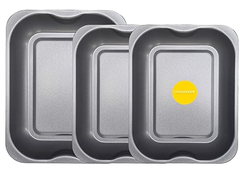 Kitcheneur Juego de 3 bandejas para asar y hornear profundas, 2 medianas (33 cm) y 1 grande (38 cm) antiadherentes para hornos, bandejas de horno duraderas y multiusos