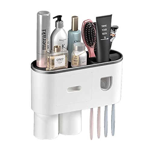 Soporte para Cepillo de Dientes,Organizador Cepillos de Dientes con Dispensador Automático de Pasta de Dientes,2 Tazas Magnéticas Y Drawer para Baño,4 Ranuras para Cepillos Negro