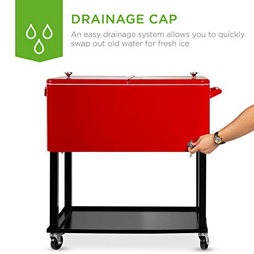 Best Choice Products 80Qt Outdoor Steel Rolling Cooler Cart For Cookouts, Tailgating, Bbq W/Bottle Opener, Catch Tray, Drain Plug, And Locking Wheels - Red #TOP5