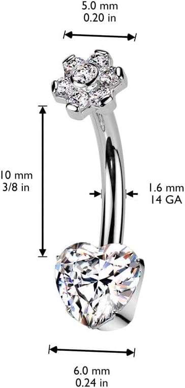 Implant Grade Titanium Internally Threaded Prong Set Heart CZ Bottom With CZ Flower Bezel Set Center Top and Prong Set Petals