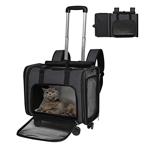 GJEASE Airline Approved Expandable Pet Carrier Backpack with Wheels(Large Space), Rolling Backpack with Durable Handle and Flexible Wheels,Breathable Durable Mesh Panels(Most Airplane Approved)