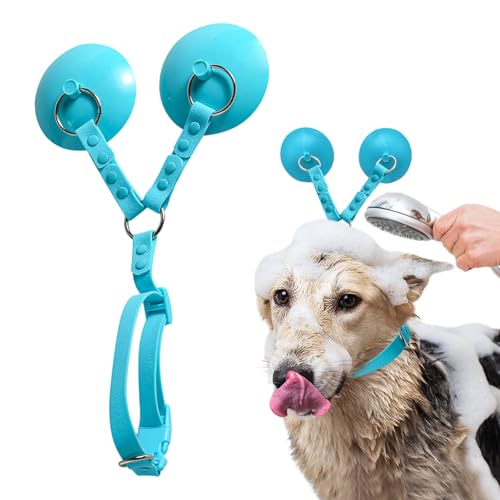 Image of Dog Bathing Tether with Dual Suction Cup- 2024 New Dog Washing Restraint Leash with Adjustable Collar for Pet Shower Bath Grooming - Easy Clean (Blue)
