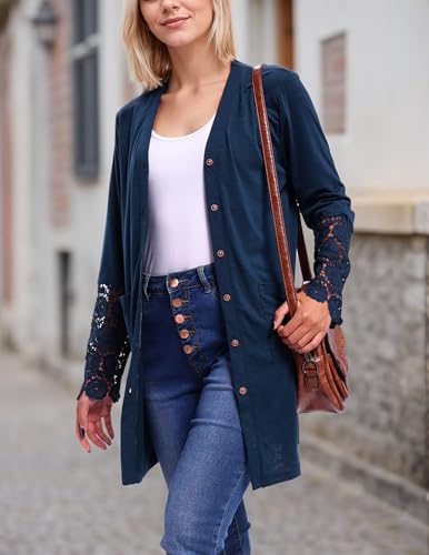 Womens Lightweight Cardigan Casual Long Lace Sleeve Knitted Cardigan Sweaters Open Front Button Down Pockets Outwear2