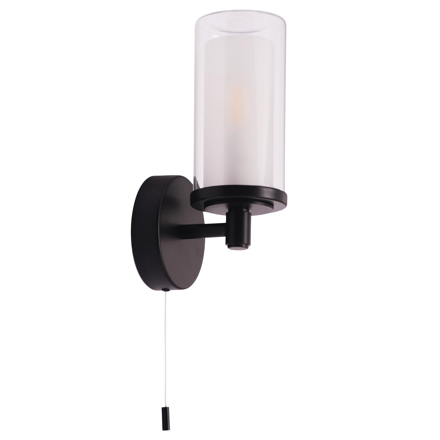Happy Homewares Black Contemporary Double Glass And Matte Metal Bathroom Wall Lamp Ip44 Rated With Pull Cord Switch | 1 X Maximum 7W E14 Led Required By