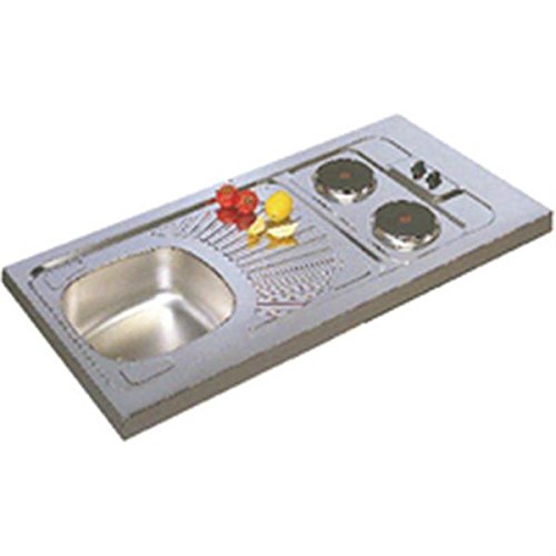 Evier cuisinette en inox F17, hauteur 5 cm, 1 cuve, 2 plaques électriques intégrées puissance totale 3000 Watts, vidage