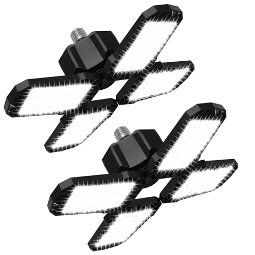 2 Pack LED Garage Light, 150W 15000LM 6500K LED Shop Lights, Garage Lights Ceiling Led with 4 Deformable Panels, Screw in E26/E27 Bulb Socket for Warehouse, Basement, Attic, Barn, High Bay Lighting