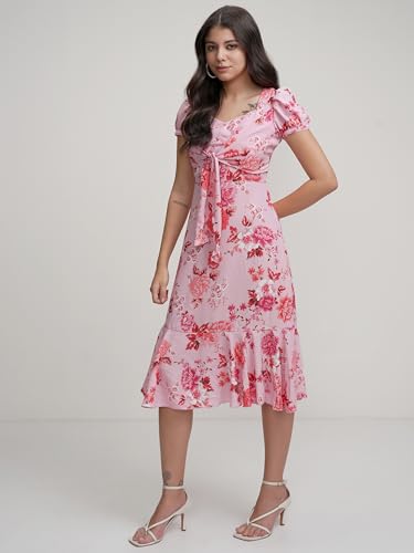 Image of Tokyo Talkies Womens Elegant Floral A-Line Dress | Long Puff Sleeves & Ruffle Hem for A Feminine Touch | Bow Tie Up | Dress for Women | Women Dress | Stylish Women Dress