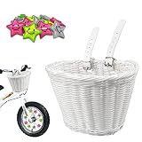 Boyigog Fahrradkorb Geflochten, Fahrradkorb Kinder mit 12 Stück Speichen Clip Sterne und Abnehmbar Lederriemen Vorderradkorb für Mädchen und Kinder DIY Lenkerkorb Mädchen Geschenk Set（Weiß）
