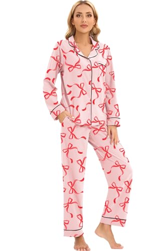 Image of LUBOT Christmas Pajamas for Women 100% Cotton Pajama 2 Piece PJ Set Soft Long Sleeve Button Xmas Print Loungewear XS-XXL