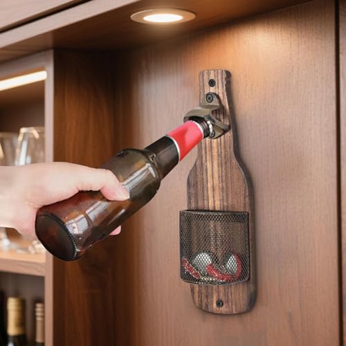 Décapsuleur mural rétro en bois avec attrape-capsules pour canettes de boisson - 3