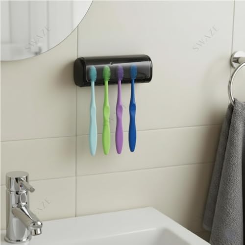 Image of Swaze Plastic Toothbrush Holder with Antibacterial Cover for Bathroom | 5-Slots Wall Mounted Toothbrush Holder with self Adhesive & Screw Options | Bathroom Organizer (Matte Black)
