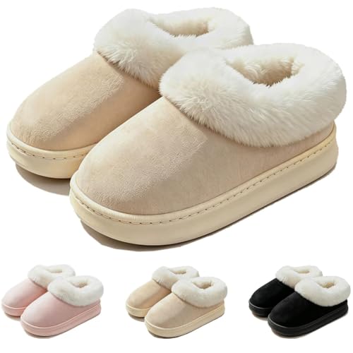 AIMAOMI Women's Fuzzy Slip-On House Slippers Closed-Back Warm Shoes Khaki, 9 - image 1
