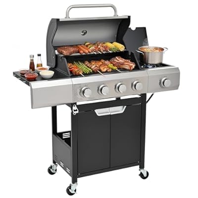 EUHOME Upgraded 51,000 BTU Stainless Steel Burner Barbecue Grill, 4 Burner BBQ Propane Gas Grill with Side Burner, 452 sq.in Cooking Area with Porcelain for Patio, Camping, Outdoor Cooking