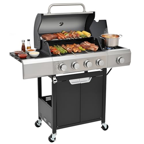 Image of EUHOME Upgraded 51,000 BTU Stainless Steel Burner Barbecue Grill, 4 Burner BBQ Propane Gas Grill with Side Burner, 452 sq. in Cooking Area with Porcelain for Patio, Camping, Outdoor Cooking