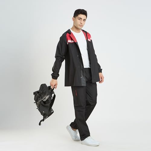 Image of Water Fighter by ZEEL Rain Coat for Men with Adjustable Hood, Polyester Waterproof Full Sleeves, Top and Bottom Set Rainwear, Front Zip with Snap Button Flap (EWFPOD, Black-Red, XL)