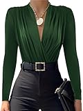 LYANER Women's Wraped V Neck Ruched Long Sleeve Tank Leotard Bodysuit Top Dark Green# Medium