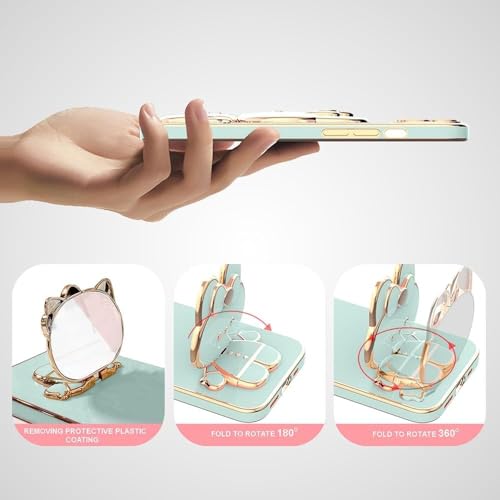 Image of 3D Cartoon Back Case Cover with Cosmetic Mirror for Oppo Reno 15 5G, Mobile Stand (B-Mint)