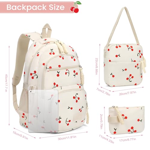Image of Coquette Cherry Backpack - Cute Kawaii Backpack Set Aesthetic Daypack Cute Rucksack (C03 Cherry White)