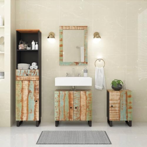 Nqyjm Juego de 4 muebles de baño para lavabo de baño, 2 armarios de baño y espejo, madera maciza para lavandería