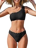 CUPSHE Damen Bikini Set One Shoulder Wellenkante Bikini Bademode Bandeau Low Waist Asymmetrisch Zweiteiliger Badeanzug Swimsuit Schwarz M