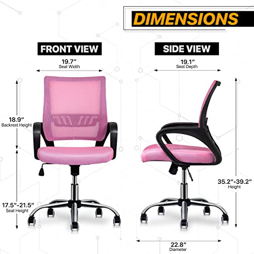 Monibloom Mesh Office Home Chair, Mid Back Ergonomic Rolling Swivel Chair With Lumbar Support And Padded Seat For Women Adults, Pink #TOP2