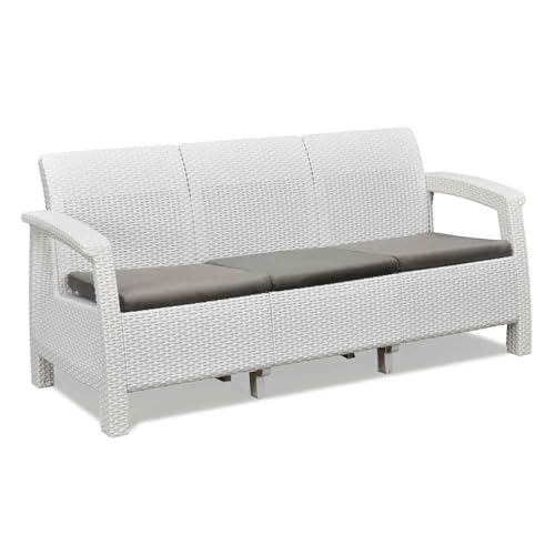 Image of Nilkamal Plastic Goa 3 Seater Balcony Sofa With Cushion | Indoor & Outdoor Furniture | Patio Chair Three Seater | Perfect For Gardens pool side cafes restaurants And Terraces Milky White & Grey