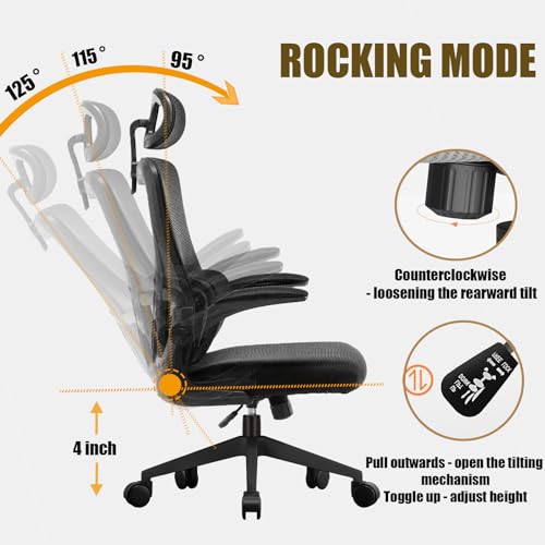 XUEGW Ergonomic Mesh Office Chair Computer Desk Chair with FILP up Armrest Gaming Chair with Lumbar Support Adjustable Headrest Height Swivel Chair for Home and Office - Thumbnail 5