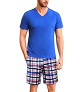 Bresdk Korte pyjama voor heren, katoen, pyjamasets, zomer, nachtkleding, V-hals, korte mouwen, Pijamas, 2 stuks, Plaid donkergrijs, XL