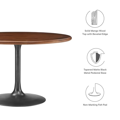 Image of Modway Lippa 48 Inch Round Wood Dining Table with Metal Pedestal in Black Walnut - Modern Industrial Dining Table for 4 People - Solid Wood Tulip Kitchen Table