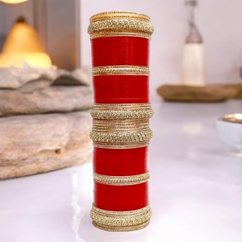 Lucky Jewellery Bridal Bangle Set Dhanteras/Diwali/Bhai Dooj Collection Red Chuda Acrylic Dulhan Choora Wedding Punjabi Chura For Women (1353-G1C1-SHANAI-R)