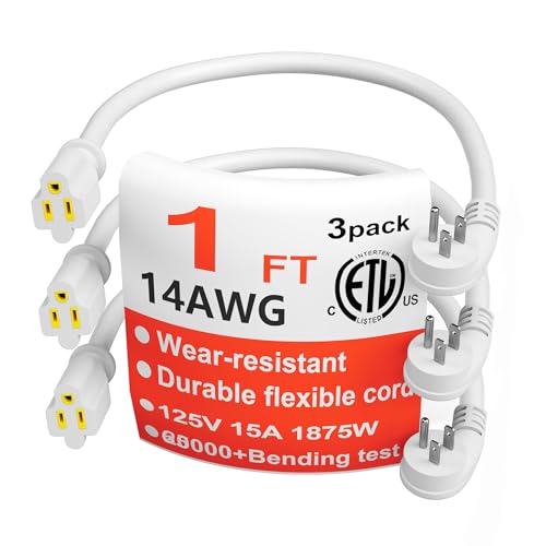 HUANCHAIN 14 Gauge 1 Feet (3 Pack) Flat Plug Extension Cord White Indoor Outdoor, Heavy Duty 3 Prong Grounded Low Profile Extension Wire Flexible, 15A 1875W 125V 14AWG SJTW, ETL Listed