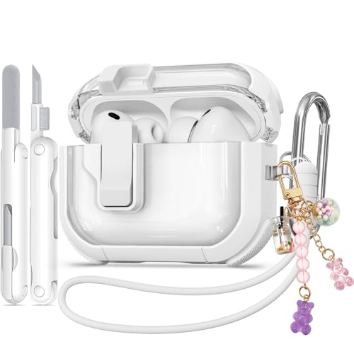 Image of for AirPods Pro 3 Case Clear with Safety Lock, Anti-Yellowing Case with Cleaner & Keychain Compatible with Apple AirPods Pro 3rd Generation 2025 for Women Girly, Shock Protection,White