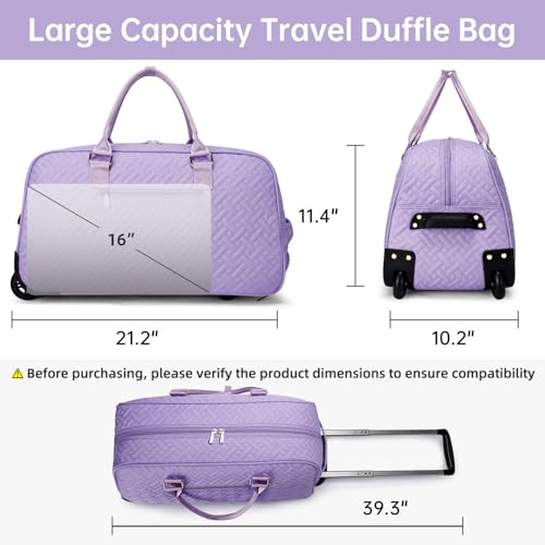 Image of Duffle Bag for Travel, Weekender Bag with Shoe Compartment, Carry On Overnight Bag for Women Gym Bag, Purple-rolling version