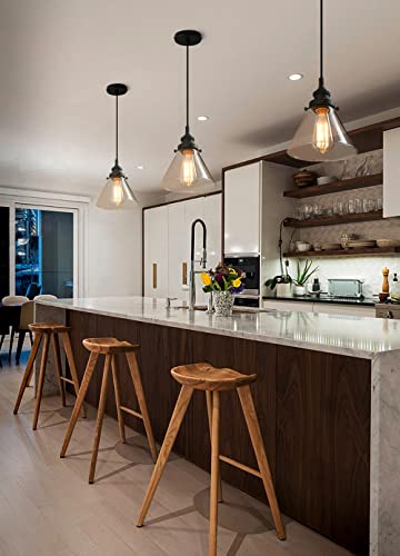 Pathson Retro Pendant Lighting With Clear Glass Shade And Metal Base Cap, Kitchen Light Fixtures With Funnel Flared Style And Adjustable Textile Cord, Indoor Lamp For Bedroom Bathroom #TOP1