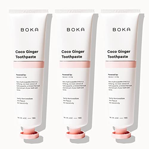 Image of Boka Fluoride Free Toothpaste - Nano Hydroxyapatite, Remineralizing, Sensitive Teeth, Whitening - Dentist Recommended for Adult, Kids Oral Care - Coco Ginger Flavor, 4 Fl Oz 3Pk - US Manufactured