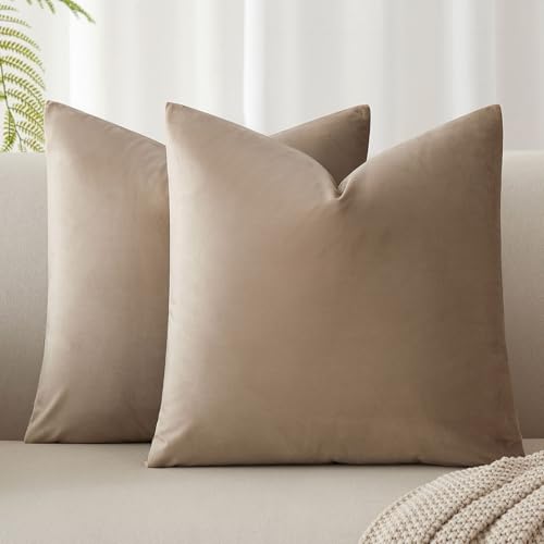 Image of JUSPURBET 16x16 Decorative Velvet Throw Pillow Covers Cases Set of 2,Stone | Modern Soft Cushion Covers with Hidden Zipper for Couch Sofa Bed Living Room Bedroom Home Decor