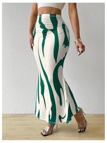 OYOANGLE Women's Graphic Printed Ruch Maxi Skirt High Waist Stretchy Bodycon Skirts4